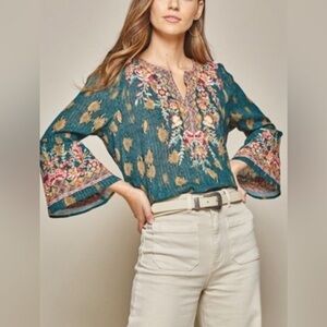 Savanna Jane Women’s Large Embroidered Boho Floral Bell Sleeve Blouse